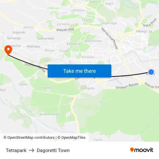 Tetrapark to Dagoretti Town map