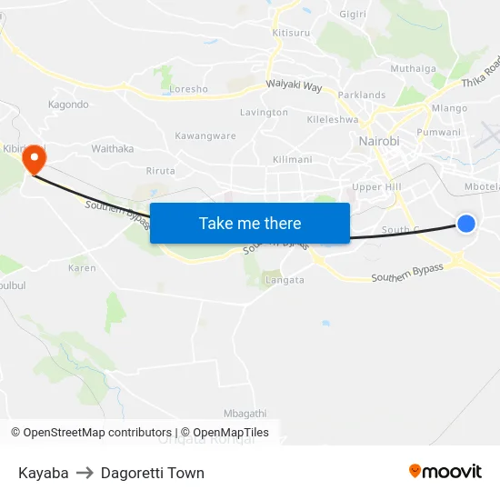 Kayaba to Dagoretti Town map