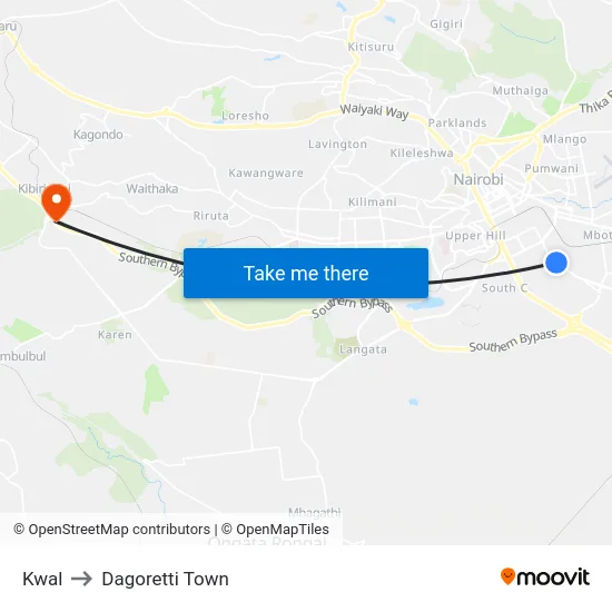 Kwal to Dagoretti Town map