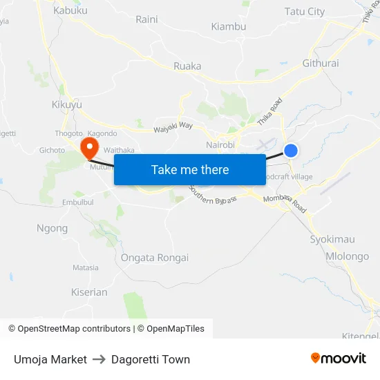 Umoja Market to Dagoretti Town map
