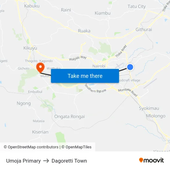 Umoja Primary to Dagoretti Town map