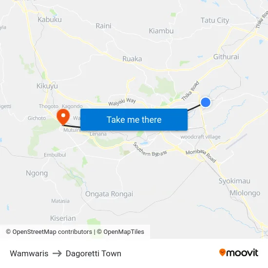 Wamwaris to Dagoretti Town map
