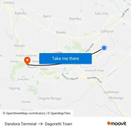 Dandora Terminal to Dagoretti Town map
