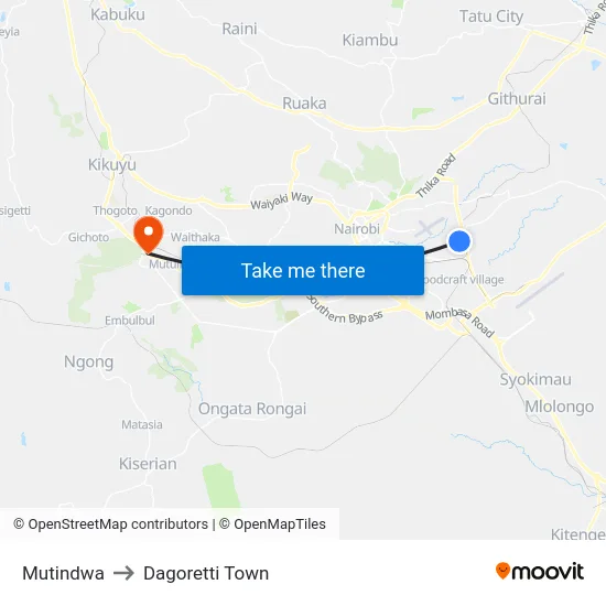 Mutindwa to Dagoretti Town map