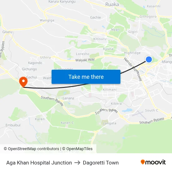 Aga Khan Hospital Junction to Dagoretti Town map