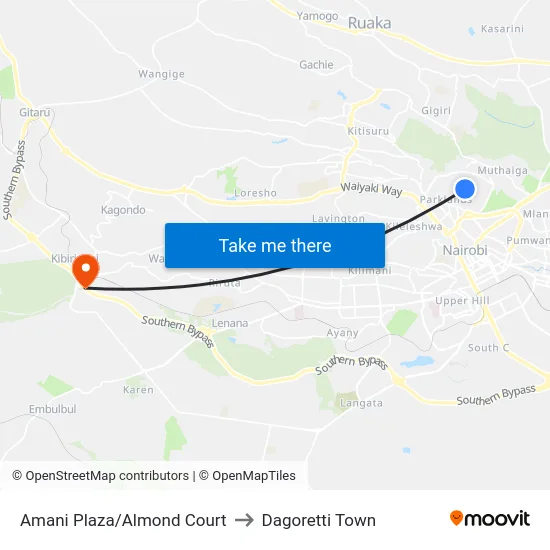 Amani Plaza/Almond Court to Dagoretti Town map