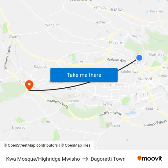 Kwa Mosque/Highridge Mwisho to Dagoretti Town map