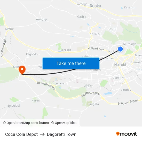 Coca Cola Depot to Dagoretti Town map