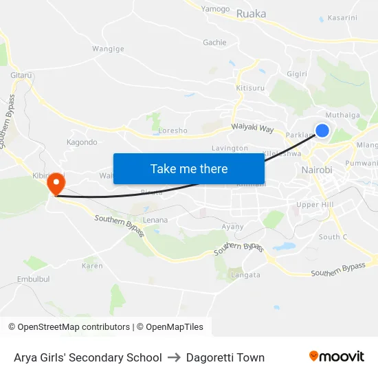 Arya Girls' Secondary School to Dagoretti Town map