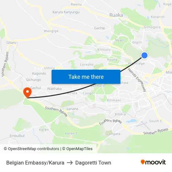 Belgian Embassy/Karura to Dagoretti Town map