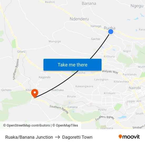 Ruaka/Banana Junction to Dagoretti Town map