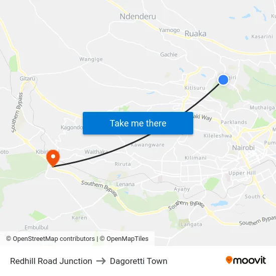 Redhill Road Junction to Dagoretti Town map