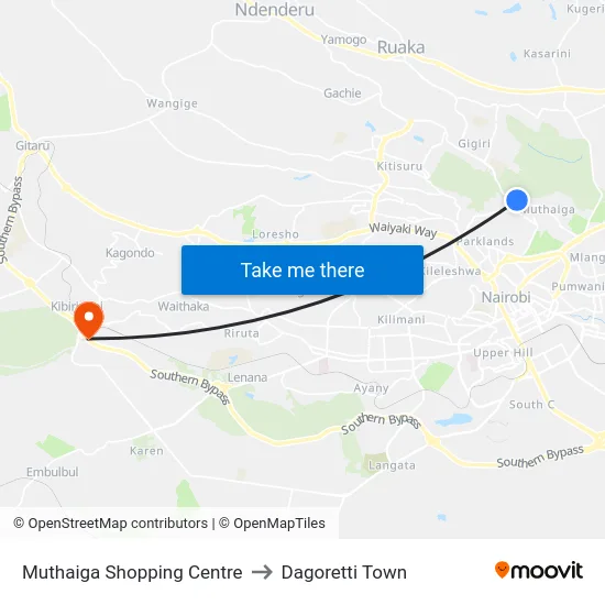 Muthaiga Shopping Centre to Dagoretti Town map
