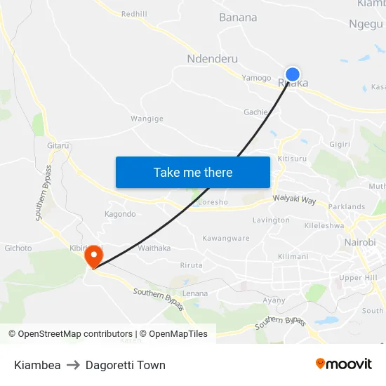Kiambea to Dagoretti Town map