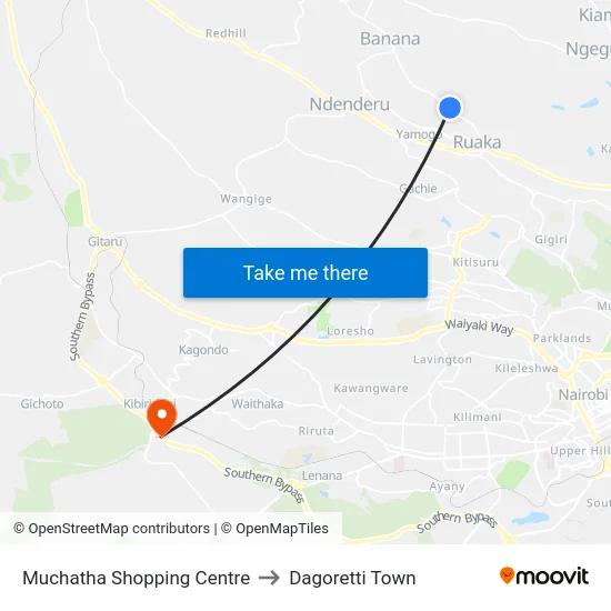 Muchatha Shopping Centre to Dagoretti Town map