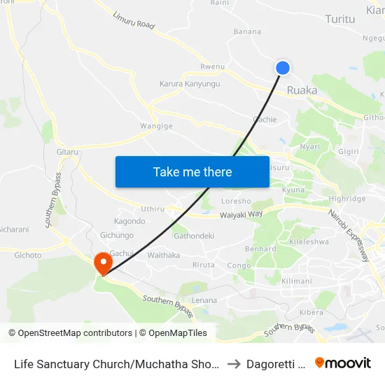 Life Sanctuary Church/Muchatha Shopping Centre to Dagoretti Town map