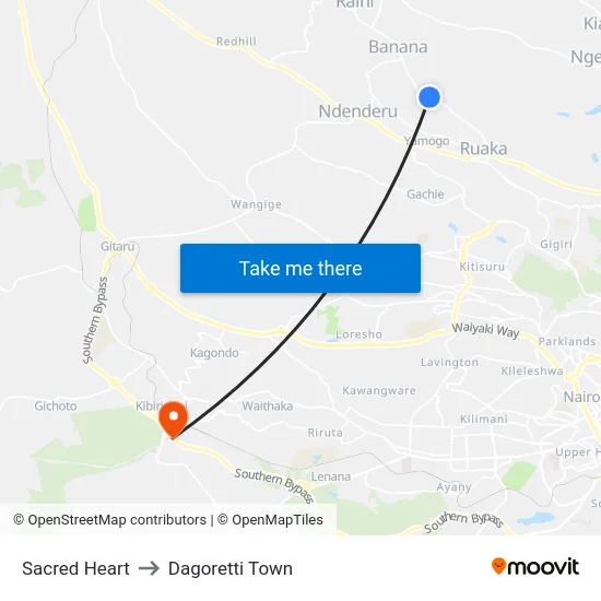 Sacred Heart to Dagoretti Town map