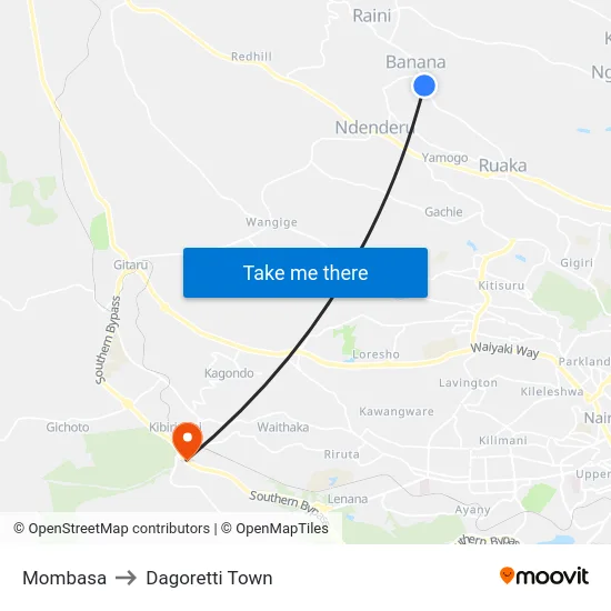 Mombasa to Dagoretti Town map