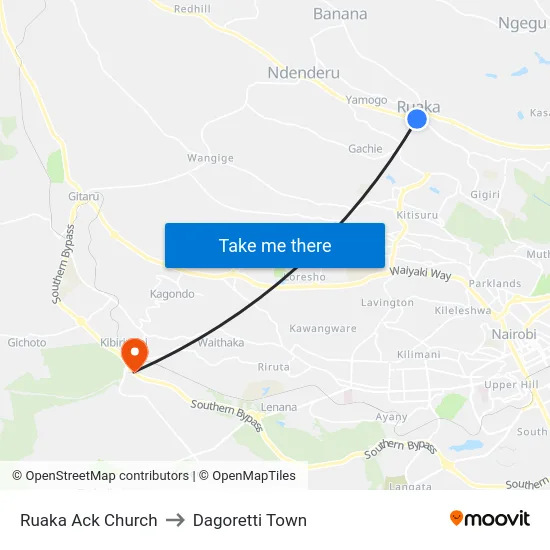 Ruaka Ack Church to Dagoretti Town map