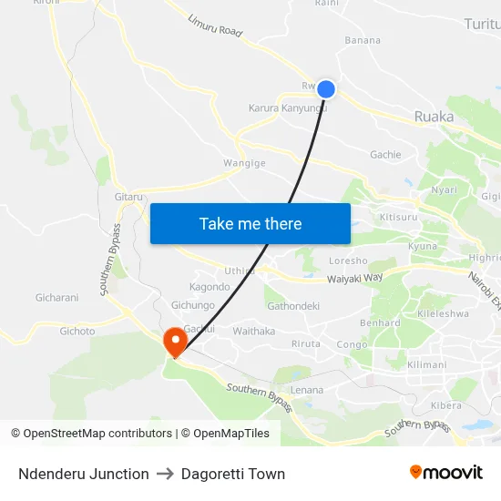 Ndenderu Junction to Dagoretti Town map