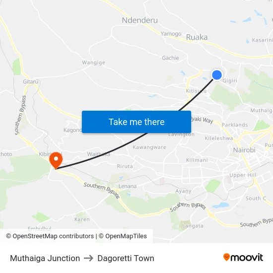 Muthaiga Junction to Dagoretti Town map