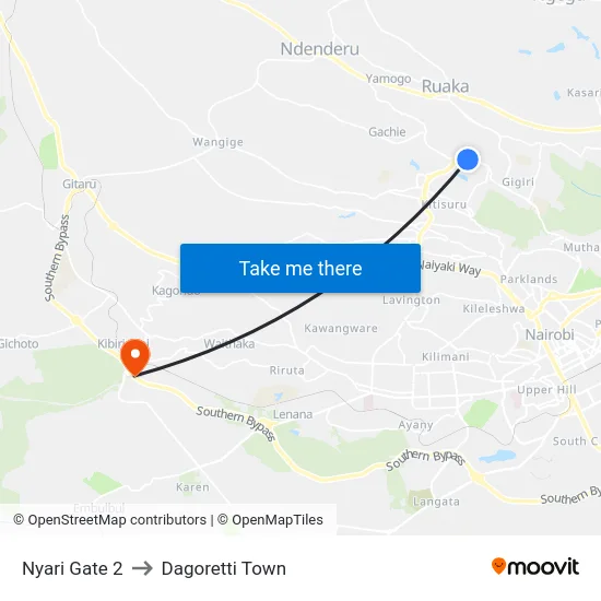 Nyari Gate 2 to Dagoretti Town map