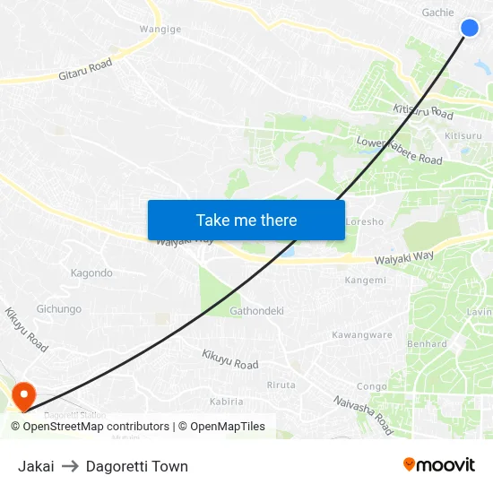 Jakai to Dagoretti Town map