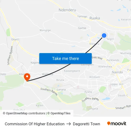 Commission Of Higher Education to Dagoretti Town map