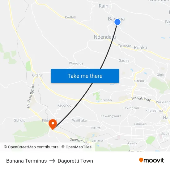 Banana Terminus to Dagoretti Town map