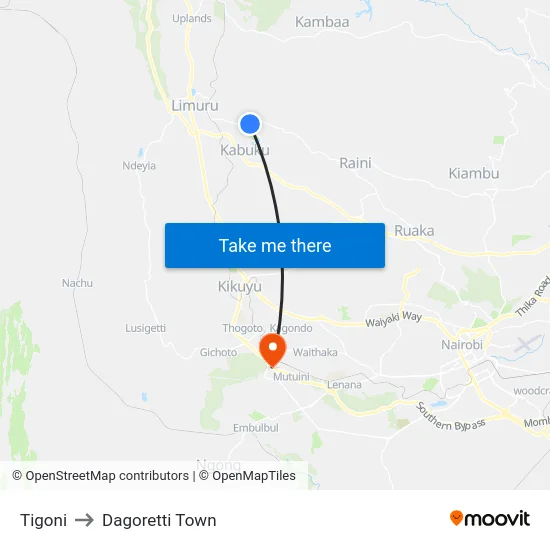 Tigoni to Dagoretti Town map
