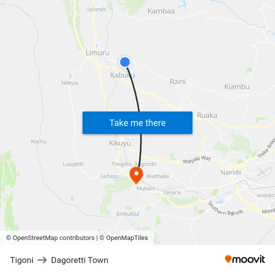 Tigoni to Dagoretti Town map