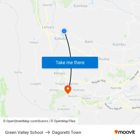 Green Valley School to Dagoretti Town map