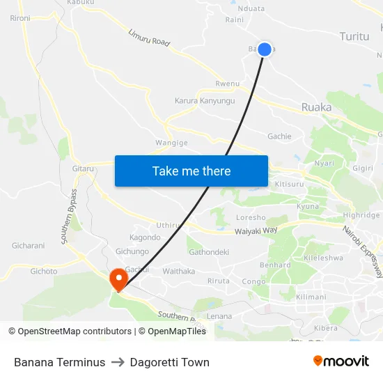 Banana Terminus to Dagoretti Town map