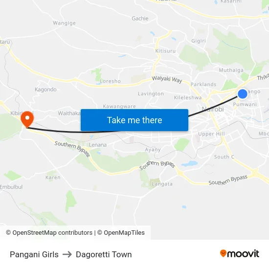 Pangani Girls to Dagoretti Town map