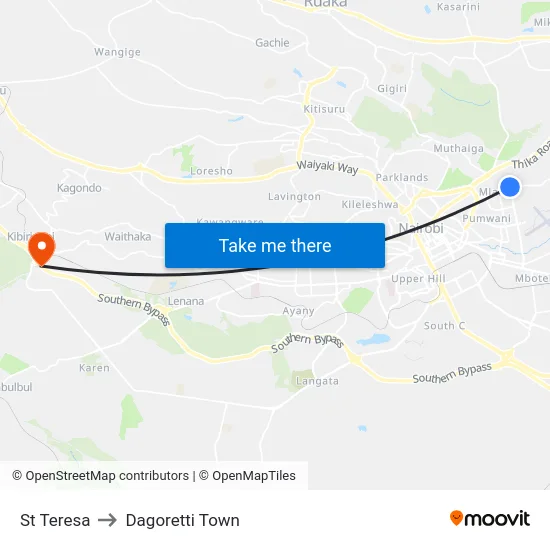 St Teresa to Dagoretti Town map