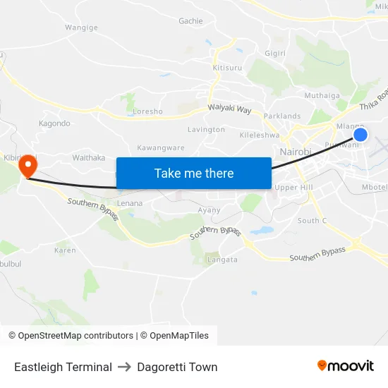 Eastleigh Terminal to Dagoretti Town map