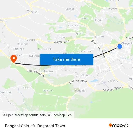 Pangani Gals to Dagoretti Town map