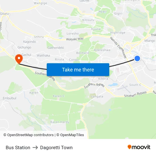 Bus Station to Dagoretti Town map