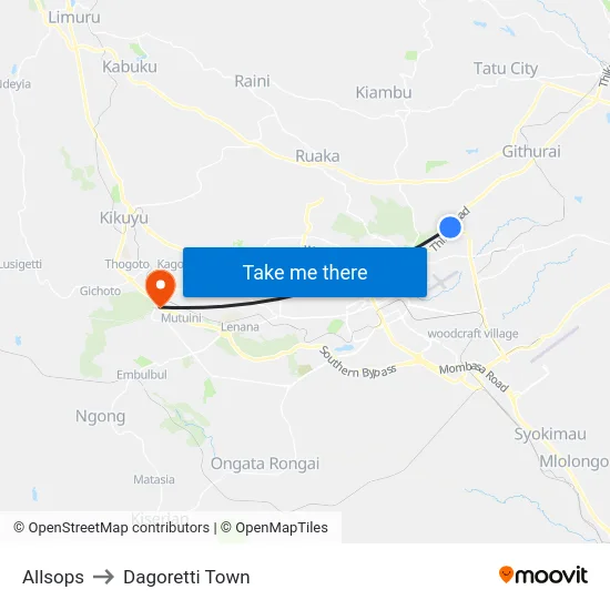 Allsops to Dagoretti Town map