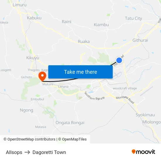 Allsops to Dagoretti Town map
