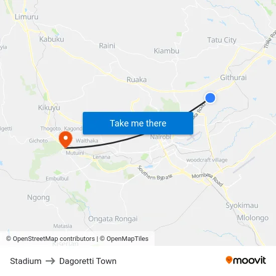 Stadium to Dagoretti Town map