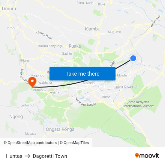 Huntas to Dagoretti Town map