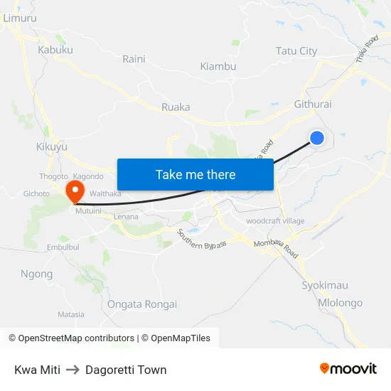 Kwa Miti to Dagoretti Town map