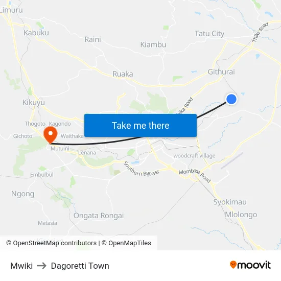 Mwiki to Dagoretti Town map