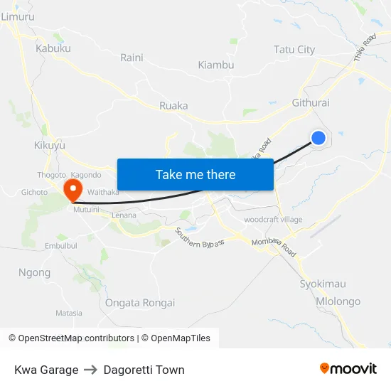 Kwa Garage to Dagoretti Town map