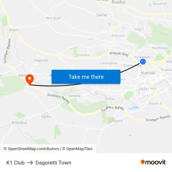 K1 Club to Dagoretti Town map