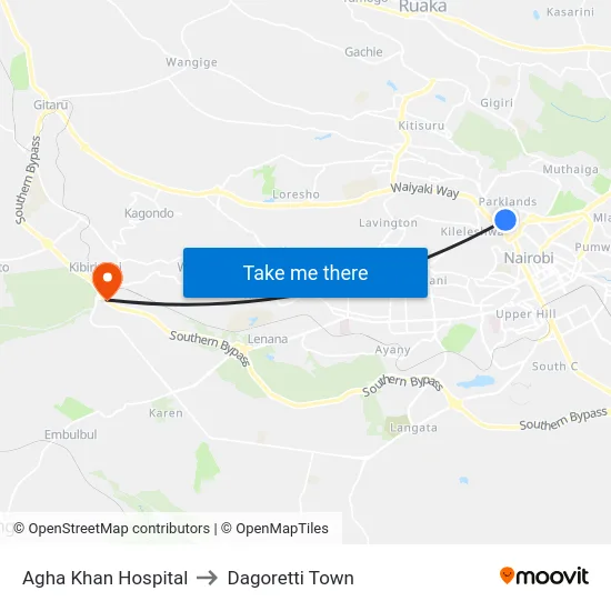 Agha Khan Hospital to Dagoretti Town map