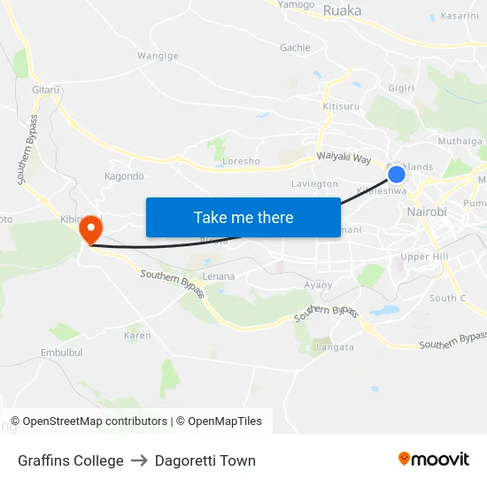 Graffins College to Dagoretti Town map