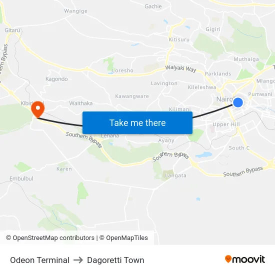 Odeon Terminal to Dagoretti Town map