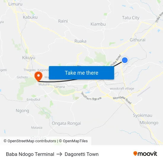 Baba Ndogo Terminal to Dagoretti Town map